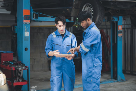 Two professional car mechanics looking at car inspection papers together, all types of car specialists, expert car repairs and certified auto repair centers.の写真素材