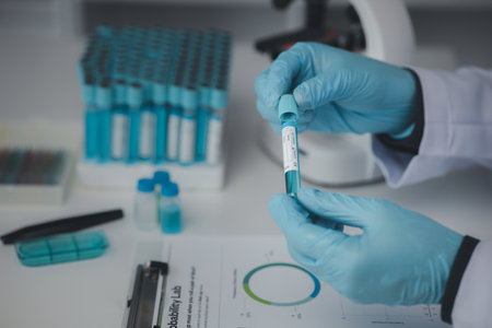 Lab assistant, medical scientist, chemistry researcher holds a glass tube through a chemical test tube, does a chemical experiment and examines a patient's sample. Medicine and research concept.の写真素材