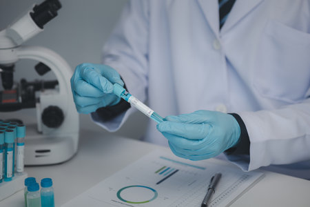 Lab assistant, medical scientist, chemistry researcher holds a glass tube through a chemical test...
