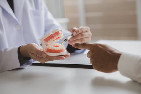 Dentists are providing dental treatment consultations to patients undergoing dental pain treatment, root canal treatment, cavities, hygiene and healthy teeth. Dentistry concept.の写真素材