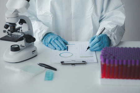 Laboratory is used for scientific research to examine and research blood obtained by sampling patients from hospital, lab assistant doing blood tests for abnormalities. Laboratory and expert concepts.の写真素材