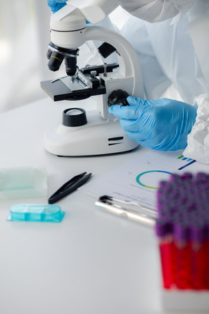 Laboratory is used for scientific research to examine and research blood obtained by sampling patients from hospital, lab assistant doing blood tests for abnormalities. Laboratory and expert concepts.の写真素材