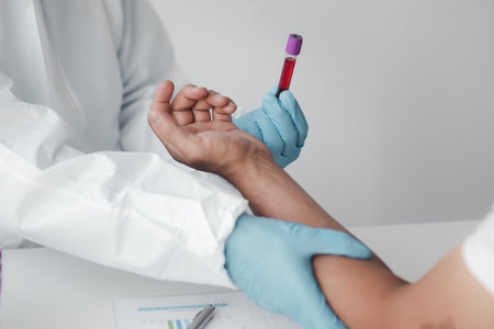 Laboratory is used for scientific research to examine and research blood obtained by sampling of patients from hospitals, lab assistants collecting blood samples from patients. Laboratory concept.の写真素材