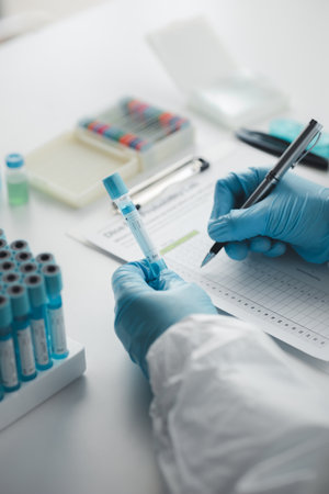 The laboratory is used for scientific research to test and research therapeutic vaccines, lab assistants collect blood samples from patients and perform chemical reactions. Laboratory concept.の写真素材