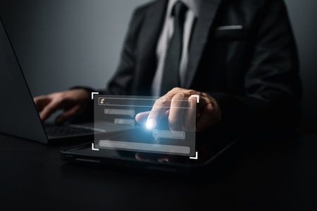 Person in suit typing chat message on laptop, businessman texting with chat app on laptop to talk...