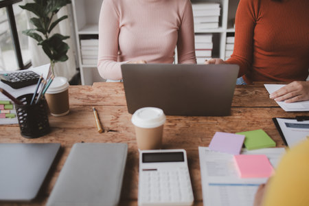 Groups of people joining in discussions, business meetings, startup company sales team meetings, brainstorming and summary of company performance. Business strategy management concept.の写真素材