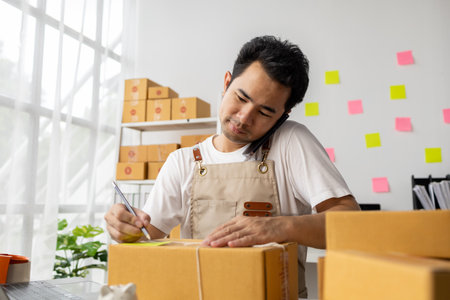 Man writing on parcel box, online shop owner checking orders from website on internet to confirm...