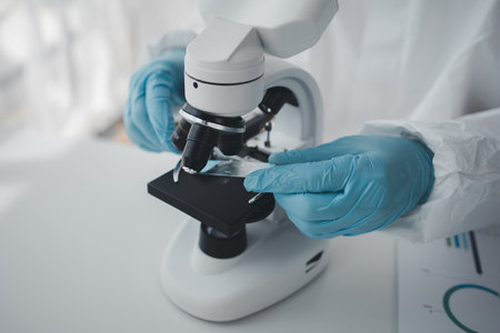 Lab practitioner working on chemical research for chemical reactions, does a chemical experiment and examines a patient's blood sample. Medicine and research concept.の写真素材