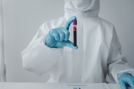 The laboratory is used for scientific research to test and research therapeutic vaccines, lab assistants collect blood samples from patients and perform chemical reactions. Laboratory concept.の写真素材