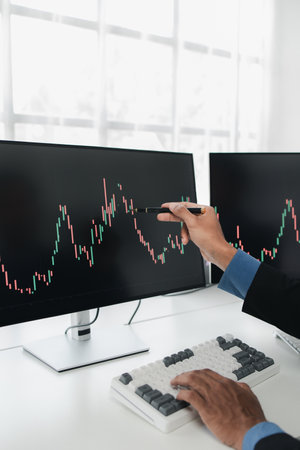 Stock investor with stock market graph screen, stock fluctuation analysis, business man trading...