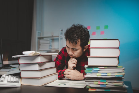 Startup company employees working in the office overtime are stressed and tired from overtime work,...