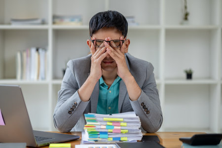 Startup businessman working and having body aches due to hard work, office syndrome, company executives running professionally, managing business to grow. Company executives' ideas.の写真素材