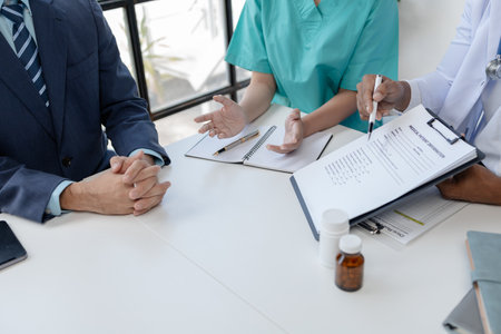 Joint meeting between doctors and administrators, meeting summarizing the prescription of medicines and importing medicines for use in hospitals, meeting to discuss together. Doctor meeting concept.の写真素材