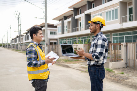 The home design architects are reviewing the house plan draft, the project commissioned by the client, and the custom design before delivery. Interior design and decoration ideas.の写真素材