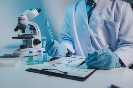 The laboratory is used for scientific research to test and research therapeutic vaccines, lab assistants collect blood samples from patients and perform chemical reactions. Laboratory concept.の写真素材