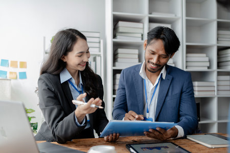 A group of businessmen and marketers meet in a company meeting room, a group of investors and...