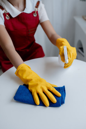 Asian woman cleaning staff, housekeeper cleaning tables in a company office, maintaining cleanliness in the office. Cleaning concept and housekeeper taking care of cleanliness and order in the office.の写真素材