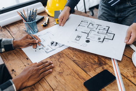 Architects and engineers jointly design and build houses, edit plans, design houses according to standards and structure them, and draw plans professionally. Ideas for designing and building a house.の写真素材
