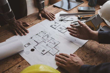The home design architects are reviewing the house plan draft, the project commissioned by the client, and the custom design before delivery. Interior design and decoration ideas.の写真素材