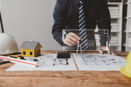 Architects design house plans for clients, drawing plans according to construction standards and...