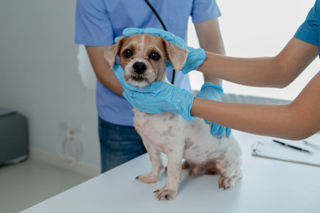 Animal hospital examination room has a dog with a veterinarian and an assistant. The veterinarian is examining the dog's body to find the cause of the illness. Animal treatment concept.の写真素材