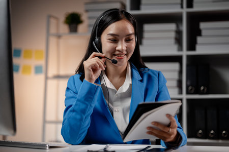Asian woman wearing headphones and talking to customers. Call center employees answer the phone to help and answer questions from customers who call to use the service. Call center concept.の写真素材