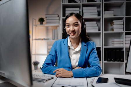 Asian woman wearing headphones and talking to customers. Call center employees answer the phone to help and answer questions from customers who call to use the service. Call center concept.の写真素材