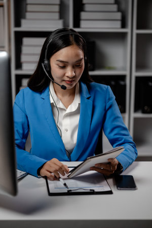 Asian woman wearing headphones and talking to customers. Call center employees answer the phone to help and answer questions from customers who call to use the service. Call center concept.の写真素材