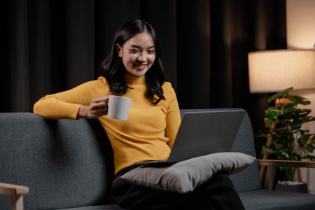 Asian woman relaxing on sofa in house, businesswoman spends her vacation watching movies, listening to music and surfing social media on smartphone, texting and chatting with friends. Weekend concept.の写真素材