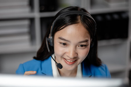Asian woman wearing headphones and talking to customers. Call center employees answer the phone to help and answer questions from customers who call to use the service. Call center concept.の写真素材