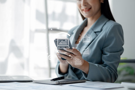 Businessmen work with private start-up companies, marketing department employees work to plan marketing, organize promotions, sell products and services of the company. Marketing planning concepts.の写真素材