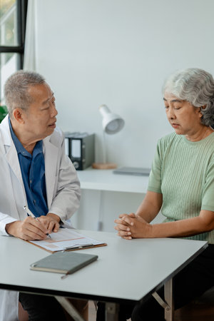 Doctor examining an elderly patient, An elderly patient is being diagnosed by a doctor in the hospital, The doctor is explaining the treatment plan to the patient, doctor idea.の写真素材