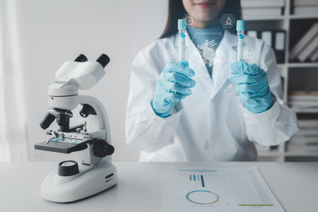 Chemist is chemically analyzing test tubes, Scientist is experimenting with chemicals in the laboratory, Chemist is separating compounds in test tubes with chemical reagents.の写真素材