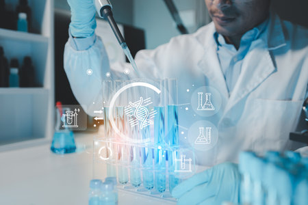 Chemist is chemically analyzing test tubes, Scientist is experimenting with chemicals in the laboratory, Chemist is separating compounds in test tubes with chemical reagents.の写真素材