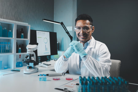Chemist is chemically analyzing test tubes, chemist is doing an experiment in the laboratory, Chemist taking notes on research data, Scientist is working in the laboratory,の写真素材