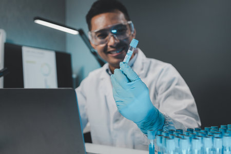 Chemist is chemically analyzing test tubes, Scientist is experimenting with chemicals in the laboratory, Chemist is separating compounds in test tubes with chemical reagents.の写真素材