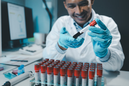 A chemist is using a microscope to search for chemicals from blood in a test tube, Chemist is chemically analyzing test tubes, Scientist is experimenting with chemicals in the laboratory,の写真素材