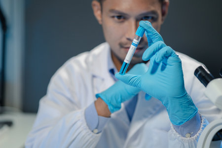 Chemist is chemically analyzing test tubes, chemist is doing an experiment in the laboratory, Chemist taking notes on research data, Scientist is working in the laboratory,の写真素材