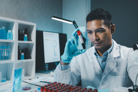 A chemist is using a microscope to search for chemicals from blood in a test tube, Chemist is chemically analyzing test tubes, Scientist is experimenting with chemicals in the laboratory,の写真素材