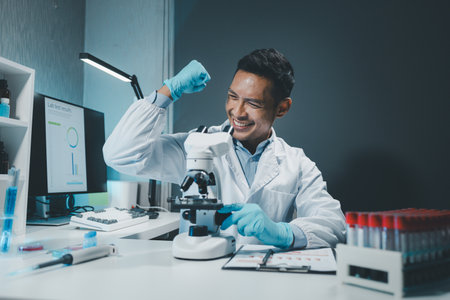 chemist is doing an experiment in the laboratory, A scientist is using a microscope to analyze the chemical composition, A scientific experiment is searching for biological answers in a laboratory,の写真素材
