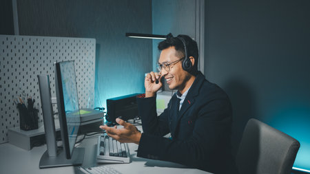 Call center employee talking with customer through headset, The operator is providing customer...