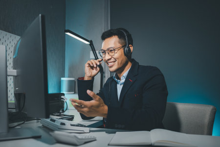 Call center employee talking with customer through headset, The operator is providing customer...