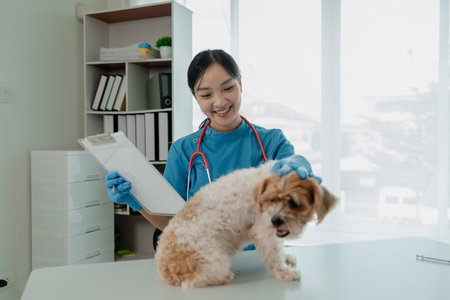 Veterinarian is working in animal hospital, A veterinarian is examining a dog to see what disease it is suffering from, The little dog was being examined by a veterinarian at a clinic.の写真素材