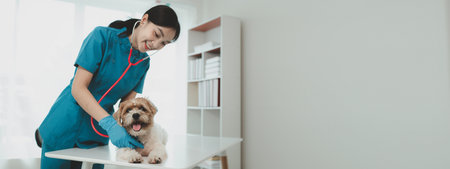 Veterinarian is working in animal hospital, A veterinarian is examining a dog to see what disease it...
