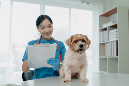 Veterinarian is working in animal hospital, A veterinarian is examining a dog to see what disease it is suffering from, The little dog was being examined by a veterinarian at a clinic.の写真素材