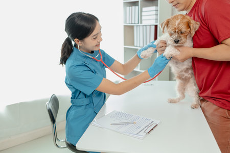 Veterinarian is working in animal hospital, A veterinarian is examining a dog to see what disease it...