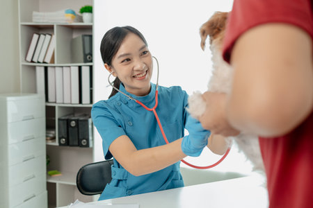 Veterinarian is working in animal hospital, A veterinarian is examining a dog to see what disease it...