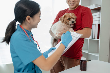 The dog's owner took the dog to the hospital to be examined by a veterinarian for the cause of his illness, There was a dog on the table and was thoroughly examined by the vet.の写真素材