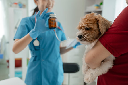 The vet is explaining the medication that dog owners must give their dogs when they return home. A dog owner listens to a veterinarian explain the medicinal properties of a drug used to treat his dog's illness.の写真素材