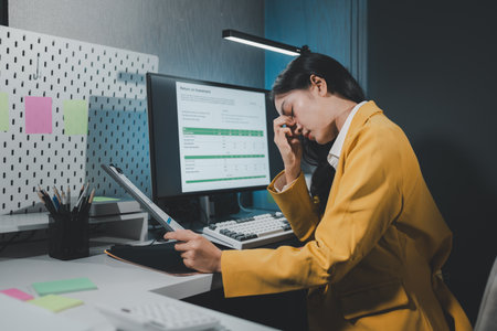 Asian woman is stressed while working on laptop, tired asian businesswoman with headache at office,...